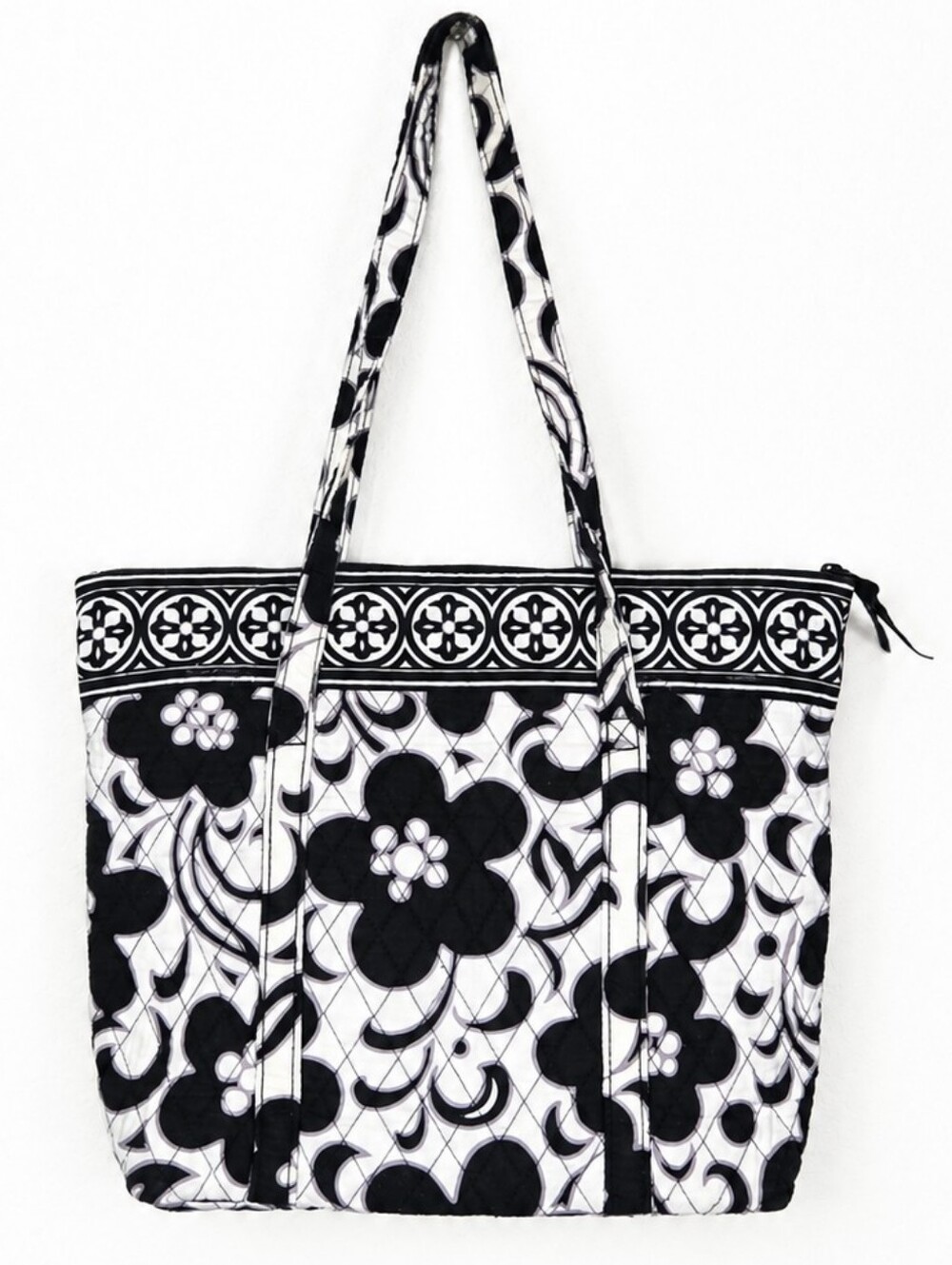 Vera Bradley Black White Floral Quilted Zip Tote Shoulder Bag Travel Purse
